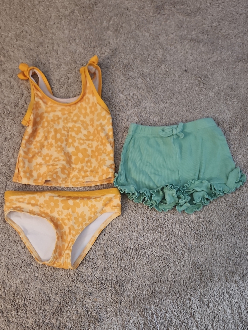 Yellow Floral Tankini Set with Mint Ruffle Shorts